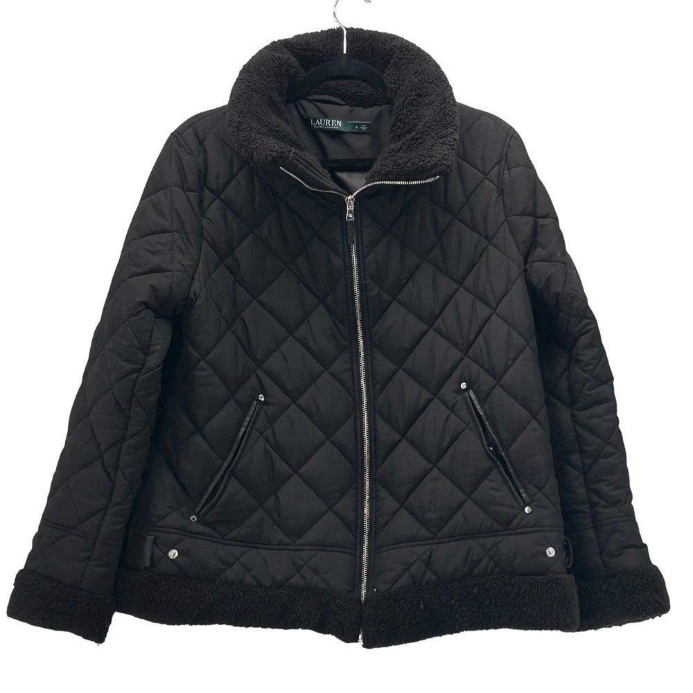 Lauren‎ Ralph Lauren Quilted Puffer Jacket Large Aviator Rebel Faux Fur
